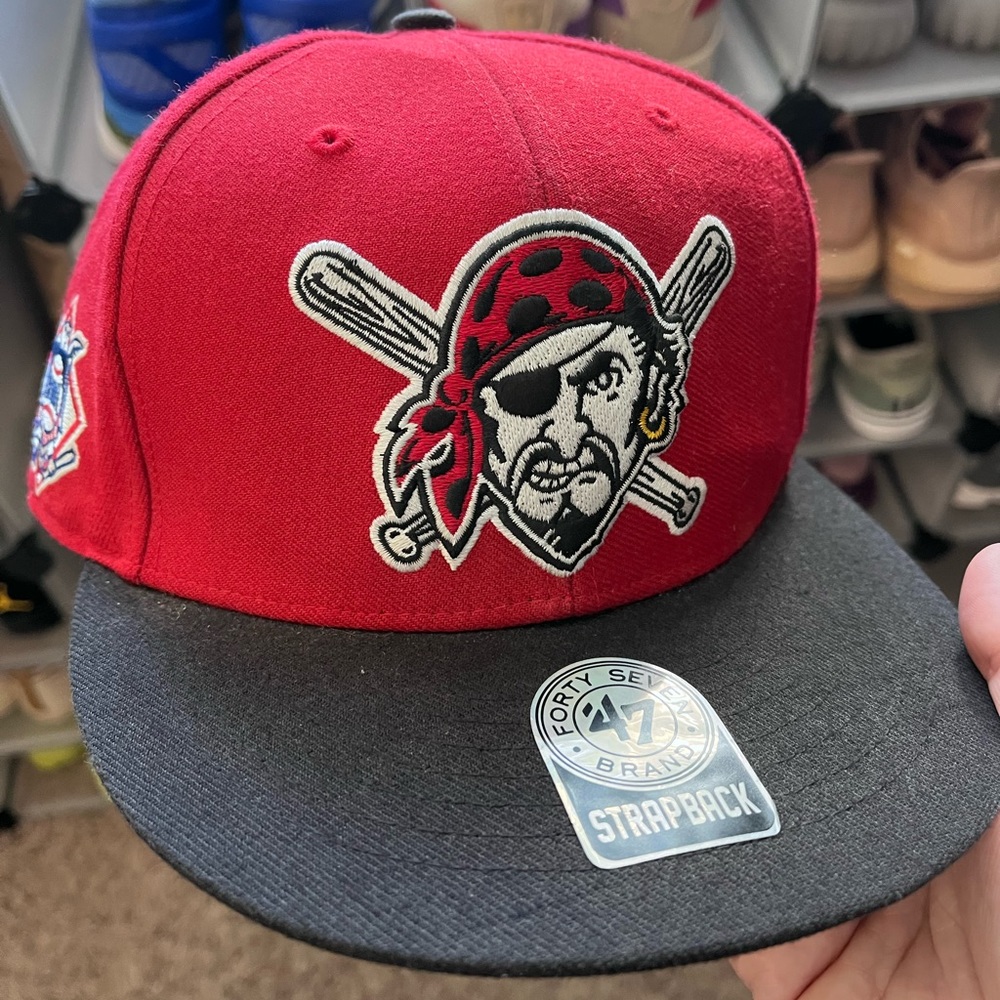 47 Brand Pittsburgh Pirates Flat Bill Leather Slideback Cap, Red & Black